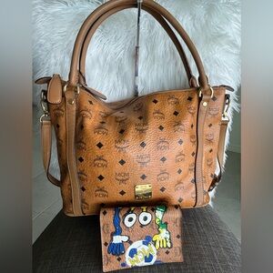 MCM Brown Leather cognac tote with wallet set